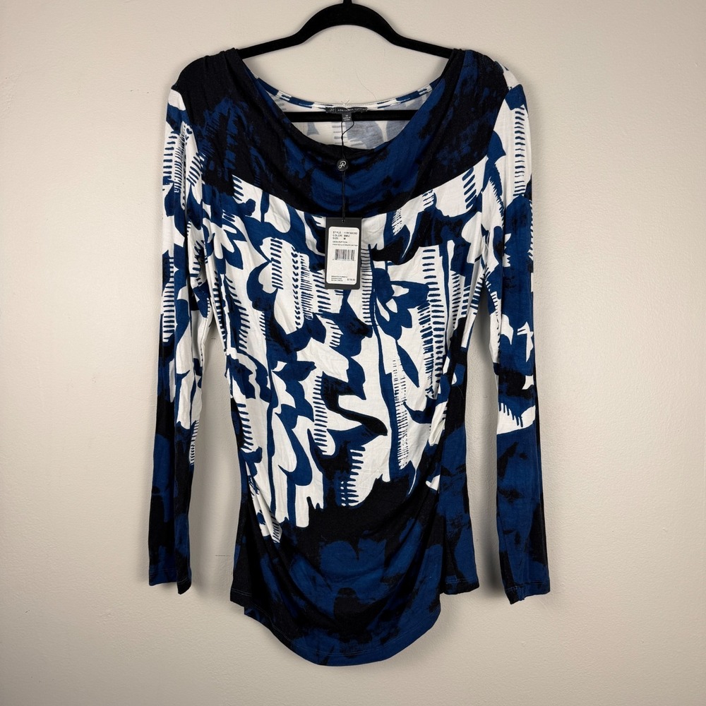 Adrianna Papell Top Women's Meduim Blue White Printed‎ Long Sleeve Draped Neck